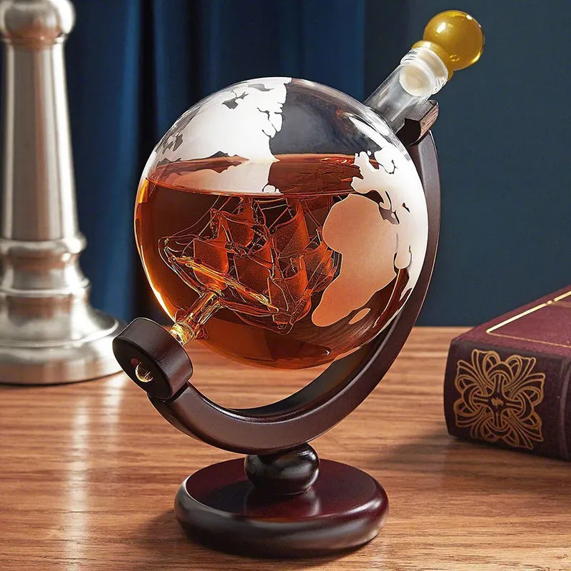 Creative Globe Whiskey Decanter Set with Exquisite Wood Stand